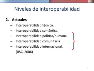 Niveles de interoperabilidad
2. Actuales
– Interoperabilidad técnica.
– Interoperabilidad semántica.
– Interoperabilidad política/humana.
– Interoperabilidad comunitaria.
– Interoperabilidad internacional.
(JISC, 2006)
22
 
