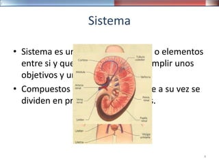 • Sistema es un conjunto de partes o elementos
entre si y que juntos permiten cumplir unos
objetivos y una función
• Compuestos por subsistemas, que a su vez se
dividen en procesos y actividades.
Sistema
4
 
