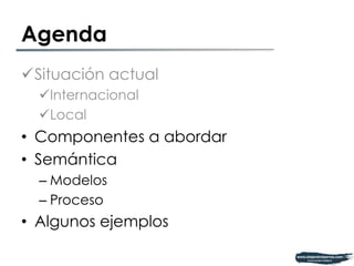 Agenda 
ü Situación actual 
ü Internacional 
ü Local 
• Componentes a abordar 
• Semántica 
– Modelos 
– Proceso 
• Algunos ejemplos 
 