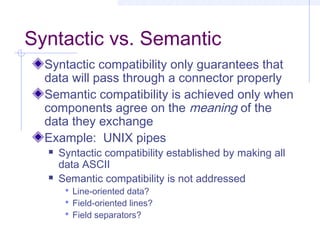 Syntactic vs. Semantic
Syntactic compatibility only guarantees that
data will pass through a connector properly
Semantic compatibility is achieved only when
components agree on the meaning of the
data they exchange
Example: UNIX pipes
 Syntactic compatibility established by making all
data ASCII
 Semantic compatibility is not addressed
 Line-oriented data?
 Field-oriented lines?
 Field separators?
 
