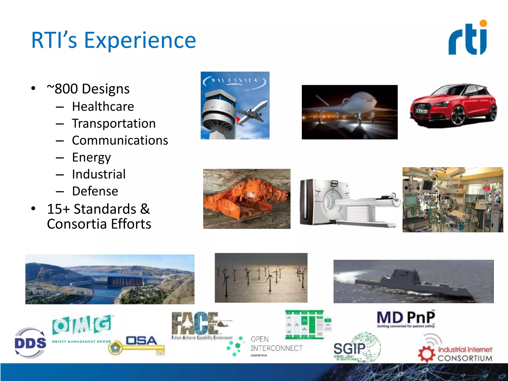 RTI’s Experience
• ~800 Designs
– Healthcare
– Transportation
– Communications
– Energy
– Industrial
– Defense
• 15+ Standards &
Consortia Efforts
 