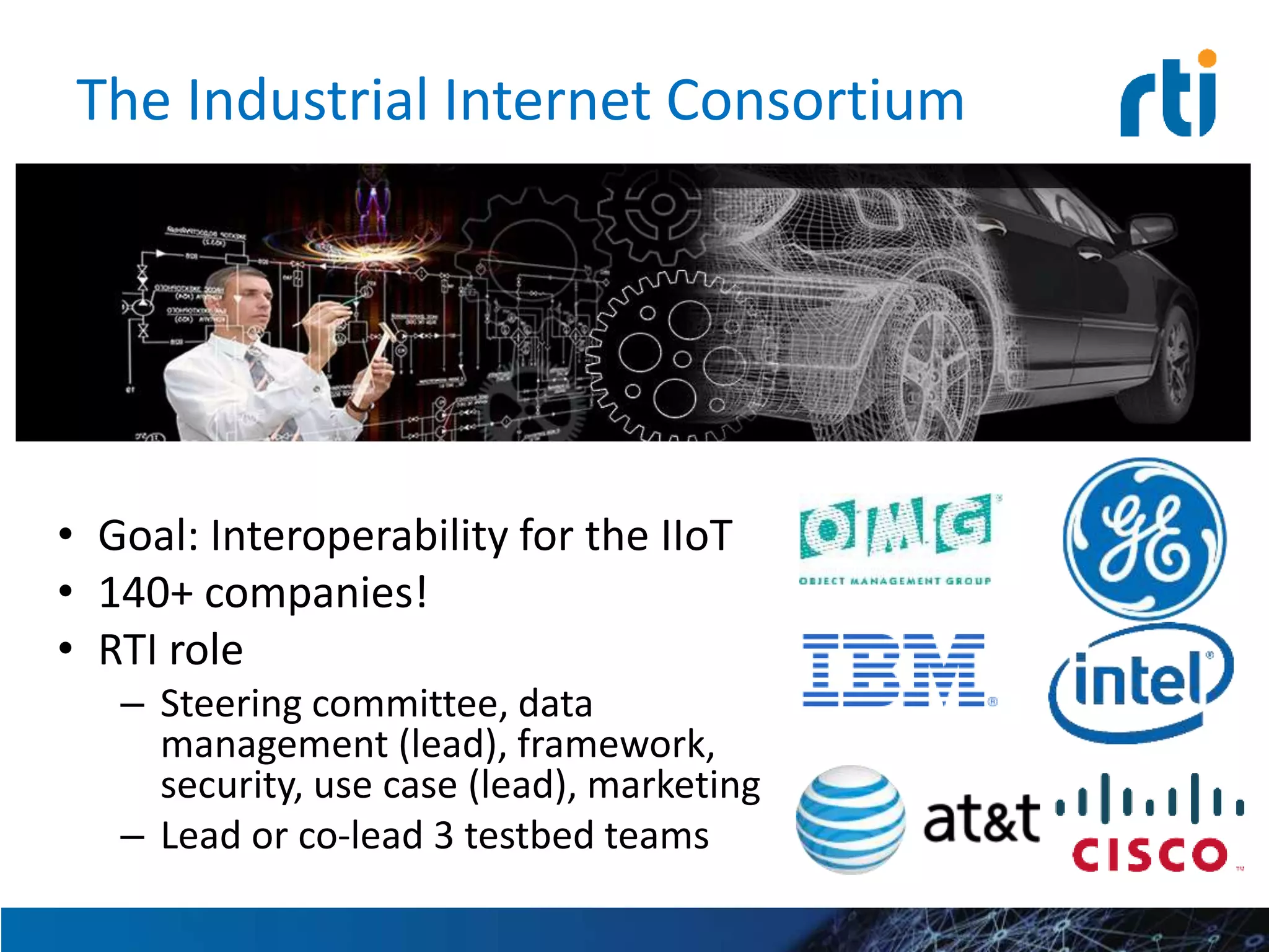 The Industrial Internet Consortium
• Goal: Interoperability for the IIoT
• 140+ companies!
• RTI role
– Steering committee, data
management (lead), framework,
security, use case (lead), marketing
– Lead or co-lead 3 testbed teams
 