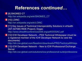 References  continued… [9] SNOMED CT http://en.wikipedia.org/wiki/SNOMED_CT [10] LOINC http://en.wikipedia.org/wiki/LOINC [11] Key Issues of Technical Interoperability Solutions in eHealth (IST-027065 RIDE Project); Dogac http://www.ehealthconference2006.org/pdf/DOGAC.pdf [12] ICW Developer Network – PXS Technical Whitepaper (must be a registered member of the ICW Developer Network to view the documents) http://idn.icw-global.com/fileadmin/downloads/PRG/TechnicalWhitepaper_en_US_PRG_PXS__2.0_DE_en_US_2.0.pdf [13] ICW Developer Network – New to ICW Professional Exchange Server http://idn.icw-global.com/solutions/icw-professional-suite/professional-exchange-server/new-to-pxs.html 
