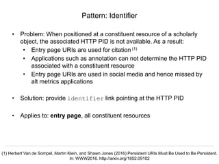 Signposting the Scholarly Web
http://signposting.org
• Problem: When positioned at a constituent resource of a scholarly
object, the associated HTTP PID is not available. As a result:
• Entry page URIs are used for citation (1)
• Applications such as annotation can not determine the HTTP PID
associated with a constituent resource
• Entry page URIs are used in social media and hence missed by
alt metrics applications
• Solution: provide identifier link pointing at the HTTP PID
• Applies to: entry page, all constituent resources
Pattern: Identifier
(1) Herbert Van de Sompel, Martin Klein, and Shawn Jones (2016) Persistent URIs Must Be Used to Be Persistent.
In: WWW2016. http://arxiv.org/1602.09102
 