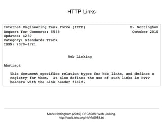 Signposting the Scholarly Web
http://signposting.org
HTTP Links
Mark Nottingham (2010) RFC5988: Web Linking.
http://tools.iets.org/rfc/rfc5988.txt
 