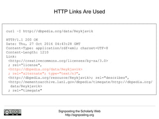 Signposting the Scholarly Web
http://signposting.org
HTTP Links Are Used
curl –I http://dbpedia.org/data/Reykjavik
HTTP/1.1 200 OK
Date: Thu, 27 Oct 2016 04:43:28 GMT
Content-Type: application/rdf+xml; charset=UTF-8
Content-Length: 1210
Link:
<http://creativecommons.org/licenses/by-sa/3.0>
; rel=“license",
<http://dbpedia.org/data/Reykjavik>
; rel="alternate"; type="text/n3",
<http://dbpedia.org/resource/Reykjavik>; rel="describes",
<http://mementoarchive.lanl.gov/dbpedia/timegate/http://dbpedia.org/
data/Reykjavik>
; rel="timegate"
 