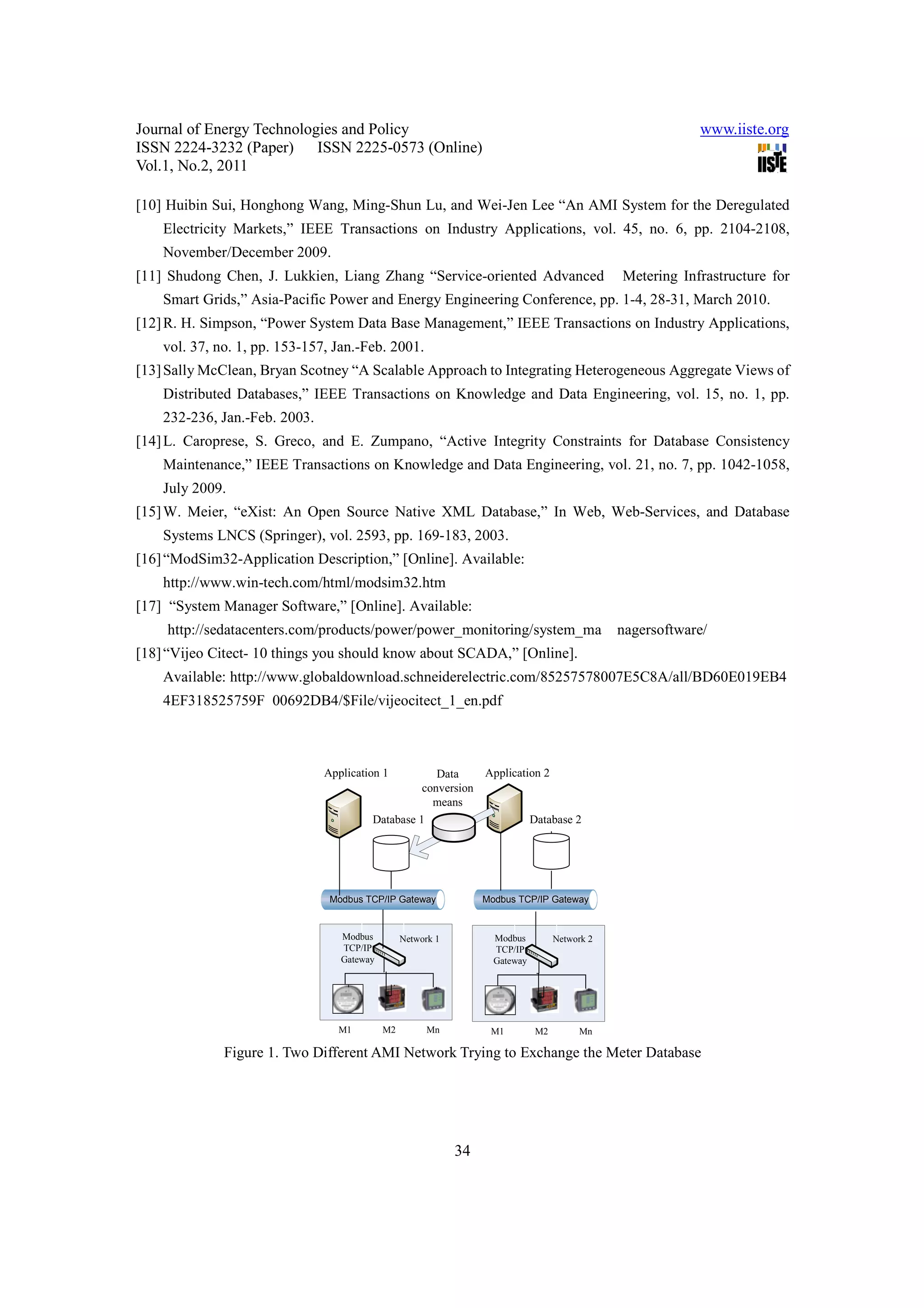 Journal of Energy Technologies and Policy www.iiste.org ISSN 2224-3232 (Paper) ISSN 2225-0573 (Online) Vol.1, No.2, 2011 [10] Huibin Sui, Honghong Wang, Ming-Shun Lu, and Wei-Jen Lee “An AMI System for the Deregulated Electricity Markets,” IEEE Transactions on Industry Applications, vol. 45, no. 6, pp. 2104-2108, November/December 2009. [11] Shudong Chen, J. Lukkien, Liang Zhang “Service-oriented Advanced Metering Infrastructure for Smart Grids,” Asia-Pacific Power and Energy Engineering Conference, pp. 1-4, 28-31, March 2010. [12] R. H. Simpson, “Power System Data Base Management,” IEEE Transactions on Industry Applications, vol. 37, no. 1, pp. 153-157, Jan.-Feb. 2001. [13] Sally McClean, Bryan Scotney “A Scalable Approach to Integrating Heterogeneous Aggregate Views of Distributed Databases,” IEEE Transactions on Knowledge and Data Engineering, vol. 15, no. 1, pp. 232-236, Jan.-Feb. 2003. [14] L. Caroprese, S. Greco, and E. Zumpano, “Active Integrity Constraints for Database Consistency Maintenance,” IEEE Transactions on Knowledge and Data Engineering, vol. 21, no. 7, pp. 1042-1058, July 2009. [15] W. Meier, “eXist: An Open Source Native XML Database,” In Web, Web-Services, and Database Systems LNCS (Springer), vol. 2593, pp. 169-183, 2003. [16] “ModSim32-Application Description,” [Online]. Available: http://www.win-tech.com/html/modsim32.htm [17] “System Manager Software,” [Online]. Available: http://sedatacenters.com/products/power/power_monitoring/system_ma nagersoftware/ [18] “Vijeo Citect- 10 things you should know about SCADA,” [Online]. Available: http://www.globaldownload.schneiderelectric.com/85257578007E5C8A/all/BD60E019EB4 4EF318525759F 00692DB4/$File/vijeocitect_1_en.pdf Application 1 Data Application 2 conversion means Database 1 Database 2 Modbus TCP/IP Gateway Modbus TCP/IP Gateway Modbus Network 1 Modbus Network 2 TCP/IP TCP/IP Gateway Gateway M1 M2 Mn M1 M2 Mn Figure 1. Two Different AMI Network Trying to Exchange the Meter Database 34 