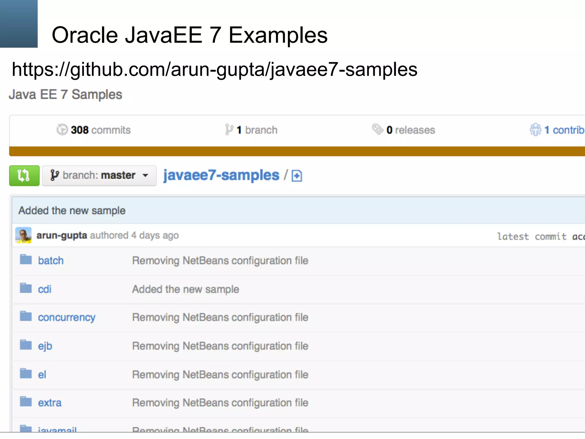 * Copyright © 2012, Oracle and/or its affiliates. All rights reserved.
Oracle JavaEE 7 Examples
https://github.com/arun-gupta/javaee7-samples
 