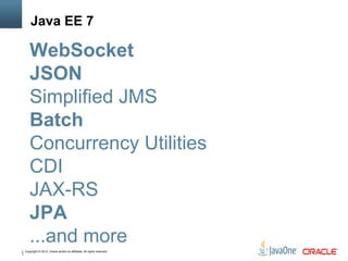 Copyright © 2012, Oracle and/or its affiliates. All rights reserved.
Java EE 7
WebSocket
JSON
Simplified JMS
Batch
Concurrency Utilities
CDI
JAX-RS
JPA
...and more
 