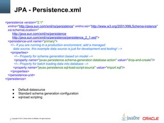 Copyright © 2012, Oracle and/or its affiliates. All rights reserved.
JPA - Persistence.xml
<persistence version="2.1"
xmlns="http://java.sun.com/xml/ns/persistence" xmlns:xsi="http://www.w3.org/2001/XMLSchema-instance"
xsi:schemaLocation="
http://java.sun.com/xml/ns/persistence
http://java.sun.com/xml/ns/persistence/persistence_2_1.xsd">
<persistence-unit name="primary">
<!-- If you are running in a production environment, add a managed
data source, this example data source is just for development and testing! -->
<properties>
<!-- Property for schema generation based on model -->
<property name="javax.persistence.schema-generation.database.action" value="drop-and-create"/>
<!-- Property for batch loading data into database -->
<property name="javax.persistence.sql-load-script-source" value="import.sql"/>
</properties>
</persistence-unit>
</persistence>
● Default datasource
● Standard schema generation configuration
● sql-load scripting
 
