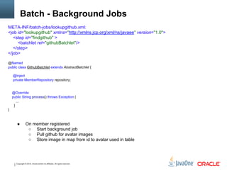 Copyright © 2012, Oracle and/or its affiliates. All rights reserved.
Batch - Background Jobs
● On member registered
○ Start background job
○ Pull github for avatar images
○ Store image in map from id to avatar used in table
META-INF/batch-jobs/lookupgithub.xml:
<job id="lookupgithub" xmlns="http://xmlns.jcp.org/xml/ns/javaee" version="1.0">
<step id="findgithub" >
<batchlet ref="githubBatchlet"/>
</step>
</job>
@Named
public class GithubBatchlet extends AbstractBatchlet {
@Inject
private MemberRepository repository;
@Override
public String process() throws Exception {
...
}
}
 