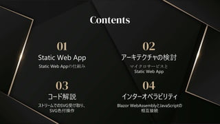 コード解説
03
ストリームでのSVG受け取り、
SVG色付操作
Contents
Static Web App
インターオペラビリティ
01 02
04
Static Web Appの仕組み マイクロサービスと
Static Web App
Blazor WebAssemblyとJavaScriptの
相互接続
アーキテクチャの検討
 
