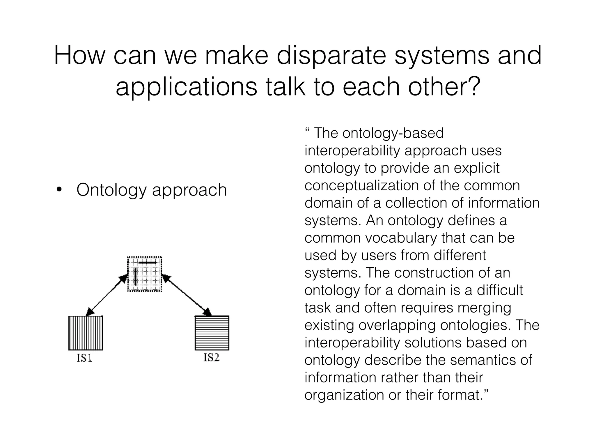 How can we make disparate systems and 
applications talk to each other? 
• Ontology approach 
“ The ontology-based 
interoperability approach uses 
ontology to provide an explicit 
conceptualization of the common 
domain of a collection of information 
systems. An ontology defines a 
common vocabulary that can be 
used by users from different 
systems. The construction of an 
ontology for a domain is a difficult 
task and often requires merging 
existing overlapping ontologies. The 
interoperability solutions based on 
ontology describe the semantics of 
information rather than their 
organization or their format.” 
 