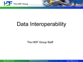The HDF Group

Data Interoperability
The HDF Group Staff

Sep. 28-30, 2010

HDF/HDF-EOS Workshop XIV

1

www.hdfgroup.org

 