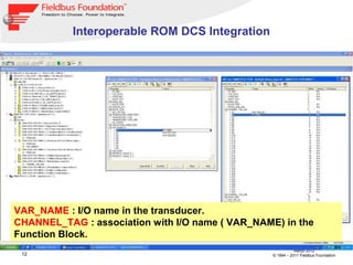 12
Março 2012
© 1994 – 2011 Fieldbus Foundation
VAR_NAME : I/O name in the transducer.
CHANNEL_TAG : association with I/O name ( VAR_NAME) in the
Function Block.
Interoperable ROM DCS Integration
 