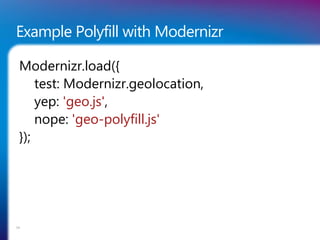 Example Polyfill with Modernizr
Modernizr.load({
test: Modernizr.geolocation,
yep: 'geo.js',
nope: 'geo-polyfill.js'
});
54
 