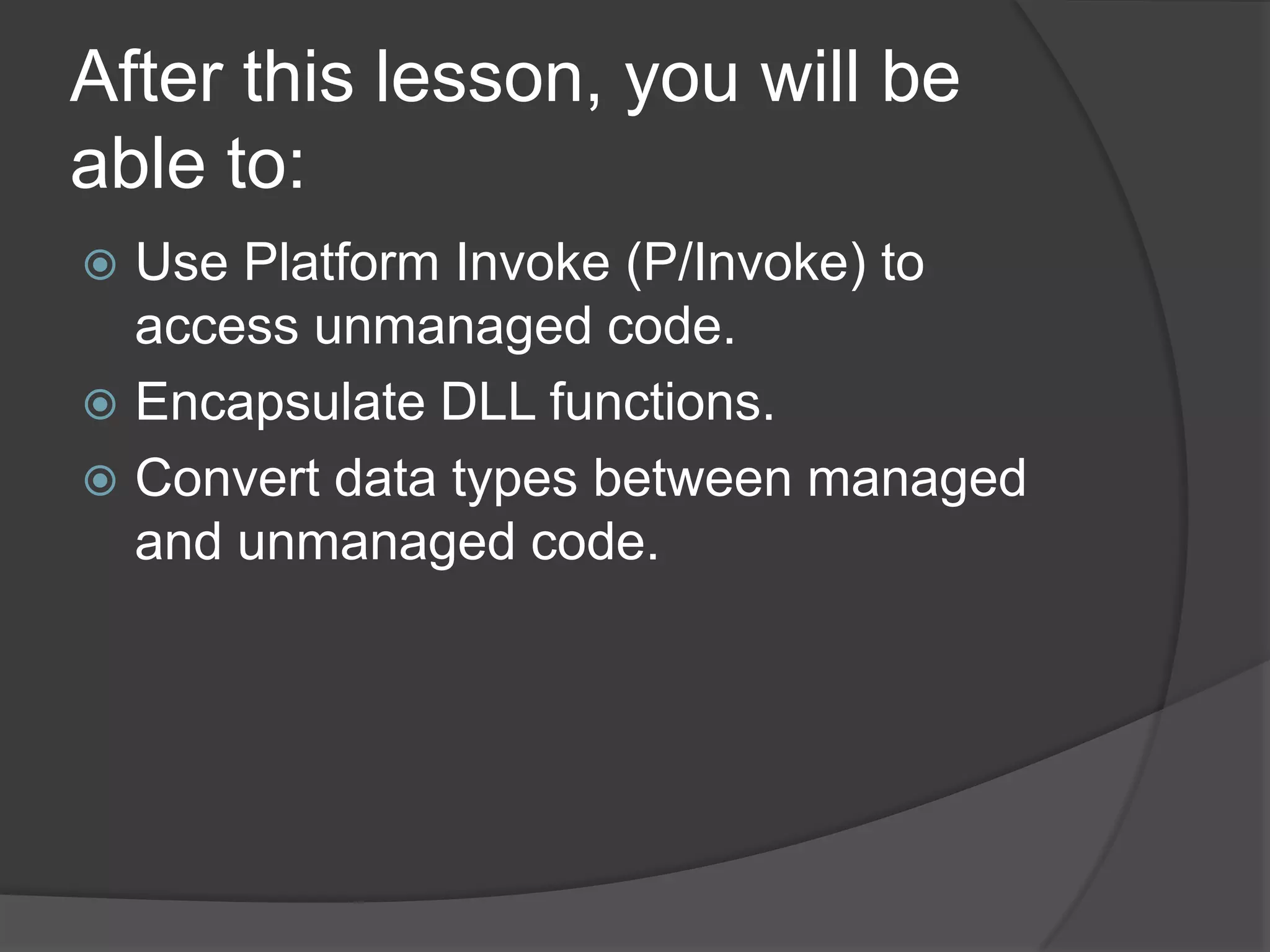 Deploying COM-EnabledAssembliesMechanisms to export the assembly:Compile the type through Visual Studio’s build mechanism or through the command-line compiler.' VBvbc /t:library ComVisiblePerson.vb// C#csc /t:library ComVisiblePerson.cs Next you need to use the Type Library Exporter Utility. This should be done from the Visual Studio 2005 commandprompt:tlbexp ComVisiblePerson.dll /out:ComVisiblePersonlib.tlbNext you need to create a resource script (ComVisiblePerson.res) with the following statement:	IDR_TYPELIB1 typelib "ComVisiblePersonlib.tlb"