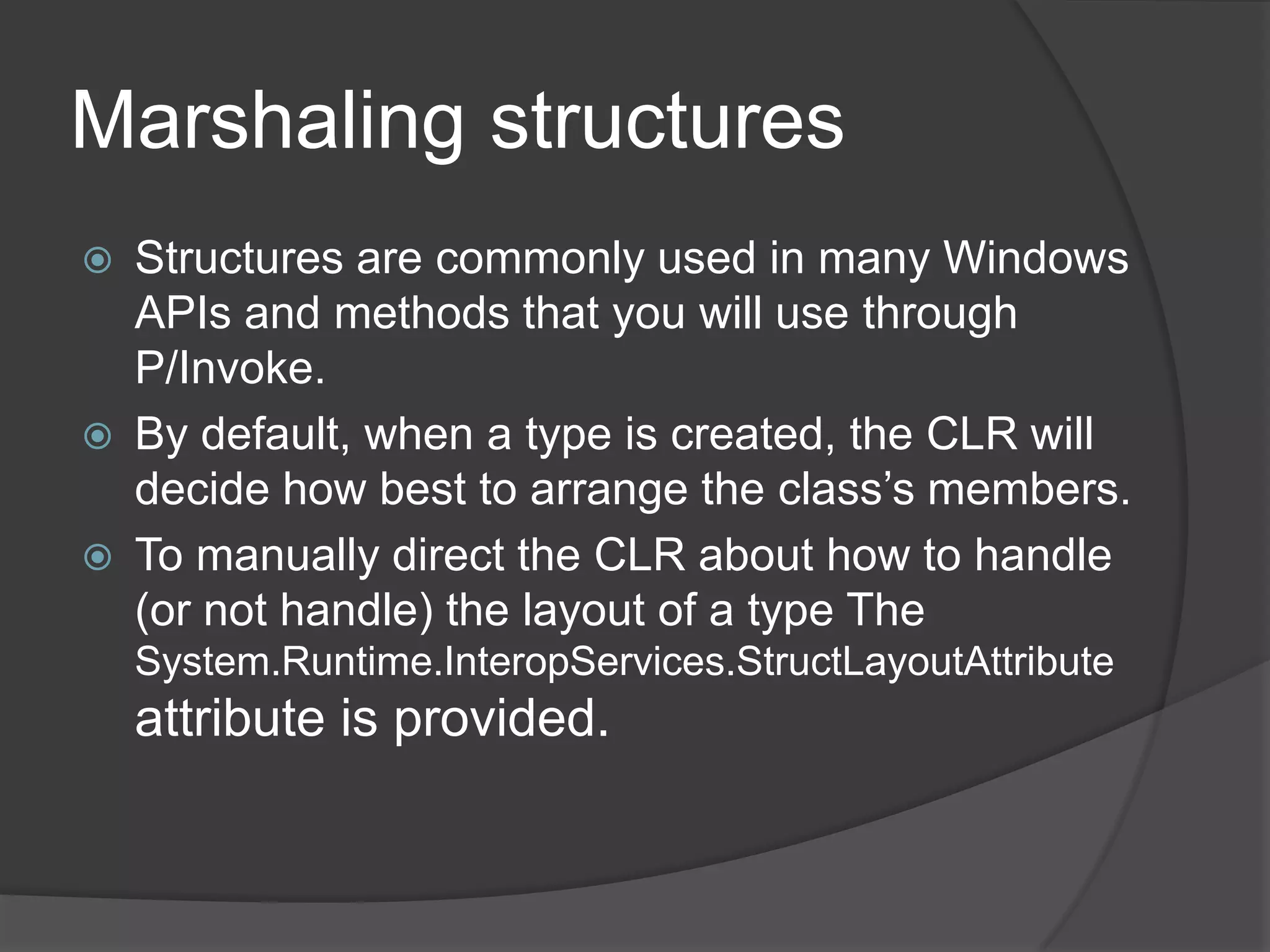 Callingplatforminvoke (P/Invoke)Example' VBImportsSystem.TextImportsSystem.Runtime.InteropServicesPublicClassWindowExamplePrivate Const BufferSize As Int32 = 256<DllImport("user32.dll")>  Private Shared Function GetForegroundWindow() As IntPtrEndFunction<DllImport("user32.dll")>  Private Shared Function GetWindowText(ByValhWnd As IntPtr, _ByValtextValue As StringBuilder, ByVal counter As Int32) As Int32EndFunctionPublicShared Sub GetScreenDemo()Dim DemoBuilder As New StringBuilder(BufferSize)Dim DemoHandle As IntPtr = GetForegroundWindow()If GetWindowText(DemoHandle, DemoBuilder, BufferSize) > 0 ThenConsole.WriteLine(DemoBuilder.ToString())EndIfEnd SubEndClassWhen using Platform Invoke, use a StringBuilder object instead of a String. A StringBuilder is a reference type with no atypical behavior and is needed because of the way P/Invoke internals work.