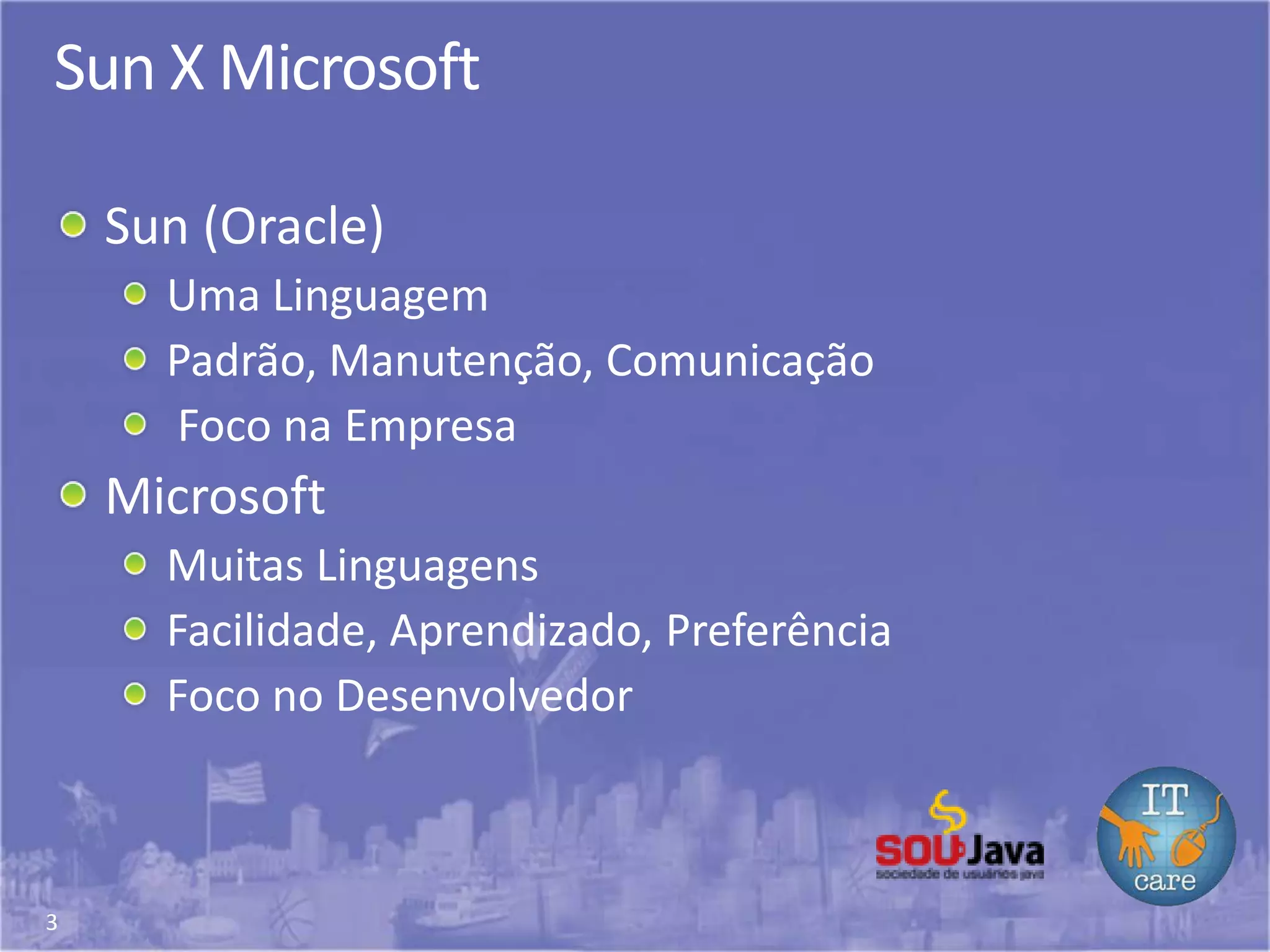 3
Sun X Microsoft
Sun (Oracle)
Uma Linguagem
Padrão, Manutenção, Comunicação
Foco na Empresa
Microsoft
Muitas Linguagens
Facilidade, Aprendizado, Preferência
Foco no Desenvolvedor
 