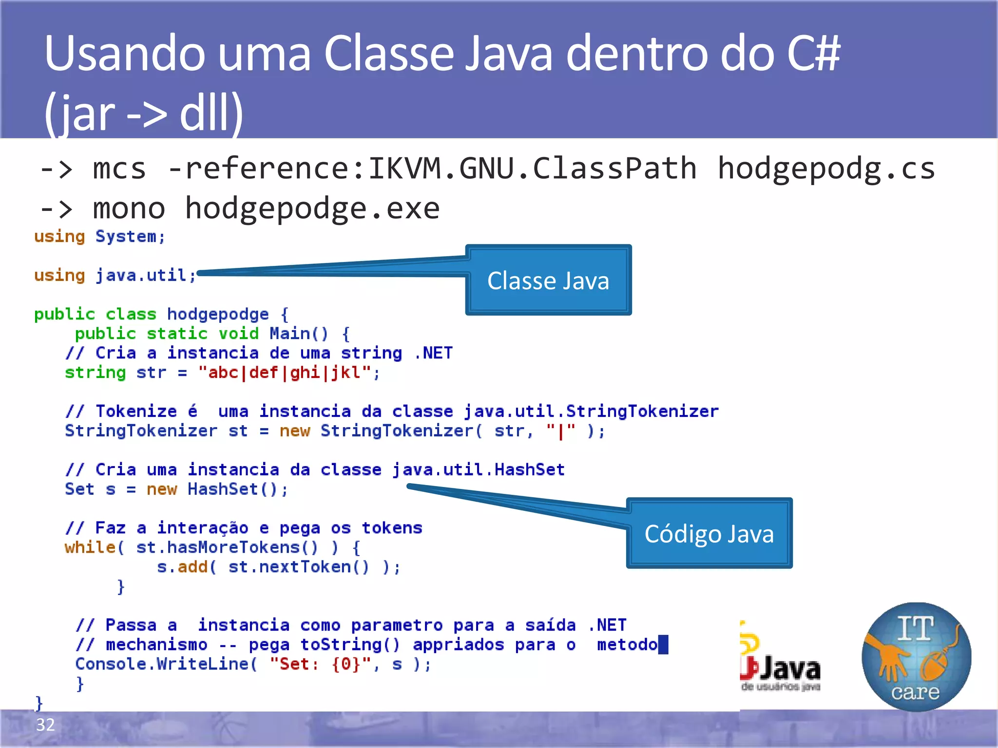 32
Usando uma Classe Java dentro do C#
(jar -> dll)
-> mcs -reference:IKVM.GNU.ClassPath hodgepodg.cs
-> mono hodgepodge.exe
Classe Java
Código Java
 