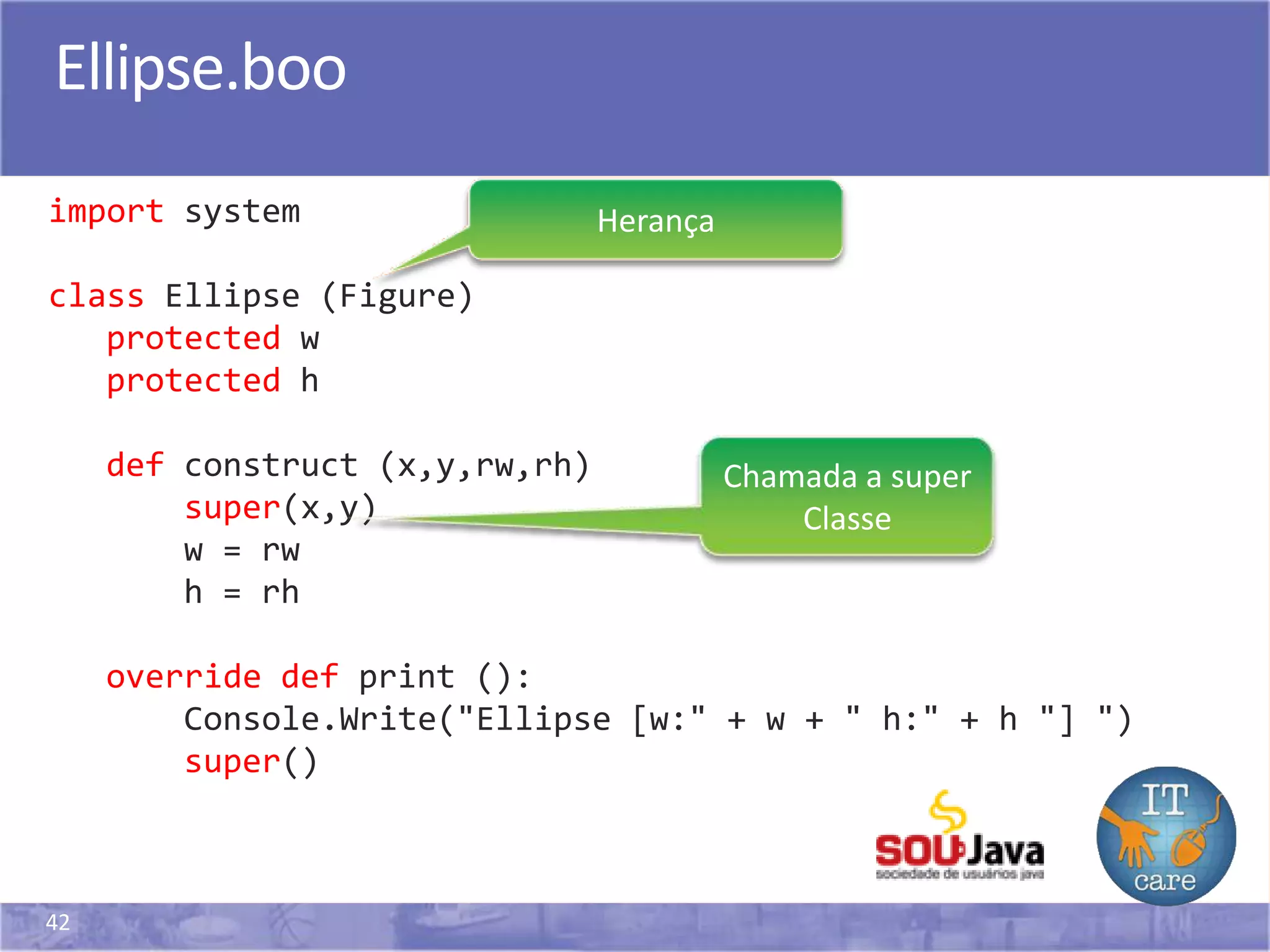 42
Ellipse.boo
import system
class Ellipse (Figure)
protected w
protected h
def construct (x,y,rw,rh)
super(x,y)
w = rw
h = rh
override def print ():
Console.Write("Ellipse [w:" + w + " h:" + h "] ")
super()
Herança
Chamada a super
Classe
 