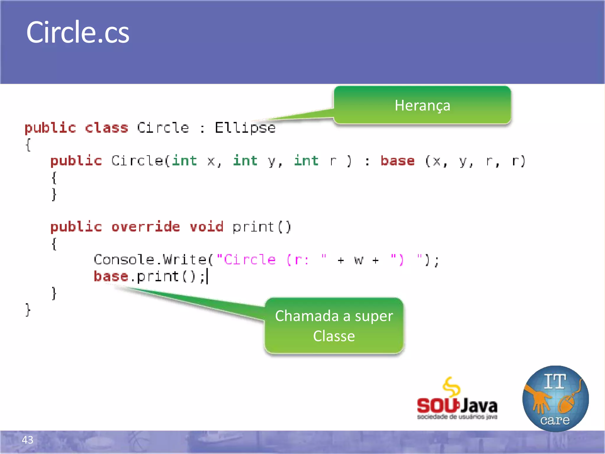 43
Circle.cs
Herança
Chamada a super
Classe
 