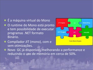 13
É a máquina virtual do Mono
O runtime do Mono está pronto
e tem possibilidade de executar
programas .NET formato
Binário.
Compilador JIT (mono), com e
sem otimizações.
Novo GC já disponível, melhorando a performance e
reduzindo o uso de memória em cerca de 50%.
 