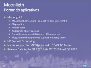 34
Moonligth
Portando aplicativos
Moonlight 3
Mooonlight 3 Pre-Alpha compatível com Silverlight 3
3D graphics
Pixel shaders
Application library caching
Out-of-browser capabilities and offline support
Pluggable media pipeline to support 3rd party codecs
HD Smooth Streaming
Native support for MPEG-4-based H.264/AAC Audio
Release Date Alpha Q1 2010 Beta Q2 2010 Final Q3 2010
 