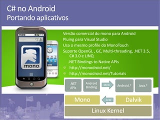 36
C# no Android
Portando aplicativos
Versão comercial do mono para Android
Pluing para Visual Studio
Usa o mesmo profile do MonoTouch
Suporte OpenGL , GC, Multi-threading, .NET 3.5,
C# 3.0 e LINQ
.NET Bindings to Native APIs
http://monodroid.net/
http://monodroid.net/Tutorials
 