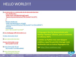 43
HELLO WORLD!!!
$ cat alomundo-cs.cs alomundo-vb.vb alomundo-boo.boo
class AloMundo {
public static void Main(string[] args){
System.Console.WriteLine("Alô mundo!!! em C#");
}
}
Module AloMundo
Public Sub Main(args as string())
System.Console.WriteLine("Alô mundo!!! em MonoBASIC")
End Sub
End Module
print "Alô mundo!!! em Boo"
$ mcs /codepage:utf8 alomundo-cs.cs
$ mbas alomundo-vb.vb
$ booc alomundo-boo.boo
$ mono alomundo-cs.exe
Alô mundo!!! em C#
$ mono alomundo-vb.exe
Alô mundo!!! em MonoBASIC
$ mono alomundo-boo.exe
Alô mundo!!! em Boo
A linguagem Boo foi desenvolvida pelo
Rodrigo 'Bamboo' Oliveira, para o ambiente
CLI (Mono/.NET).
É similar ao Python mas com tipagem
estática, o que lhe permite interagir mais
facilmente com as outras linguagens CLI.
Ver http://boo.codehaus.org/
 