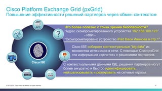 Cisco Platform Exchange Grid (pxGrid) 
Повышение эффективности решений партнеров через обмен контекстом 
Что более полезно с точки зрения безопасности? 
“Адрес скомпрометированного устройства 192.168.100.123” 
- ИЛИ - 
“Скомпрометировано устройство iPad Васи Иванова в стр.1” 
Cisco ISE собирает контекстуальные “big data” из 
множества источников в сети. С помощью Cisco pxGrid 
эта информация «делится» с решениями партнеров. 
С контекстуальными данными ISE, решения партнеров могут 
более аккуратно и быстро идентифицировать, 
нейтрализовывать и реагировать на сетевые угрозы. 
© 2013-2014 Cisco and/or its affiliates. All rights reserved. 10 
 