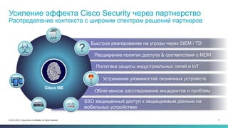 Усиление эффекта Cisco Security через партнерство 
Распределение контекста с широким спектром решений партнеров 
Быстрое реагирование на угрозы через SIEM / TD 
Расширение политик доступа & соответствия с MDM 
Политика защиты индустриальных сетей и IoT 
Устранение уязвимостей оконечных устройств 
Облегченное расследование инцидентов и проблем 
SSO защищенный доступ к защищаемым данным на 
мобильных устройствах 
© 2013-2014 Cisco and/or its affiliates. All rights reserved. 11 
 