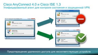 Cisco AnyConnect 4.0 и Cisco ISE 1.3 
Унифицированный агент для контроля состояния и защищенной VPN 
Предотвращение удаленного доступа для несоответствующих устройств 
© 2013-2014 Cisco and/or its affiliates. All rights reserved. 14 
 
