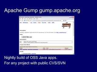Apache Gump gump.apache.org
Nightly build of OSS Java apps.
For any project with public CVS/SVN
 