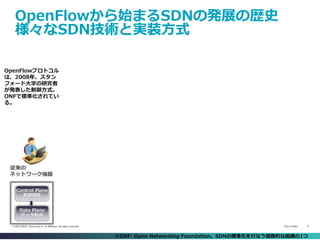 Cisco Public 3© 2013-2014 Cisco and/or its affiliates. All rights reserved.
OpenFlowから始まるSDNの発展の歴史
様々なSDN技術と実装方式
Control Plane
制御機能
Data Plane
データ転送
従来の
ネットワーク機器
OpenFlowプロトコル
は、2008年、スタン
フォード大学の研究者
が発表した制御方式。
ONFで標準化されてい
る。
※ONF: Open Networking Foundation。SDNの標準化を行なう国際的な組織の1つ
Control Plane
制御機能
Data Plane
データ転送
 