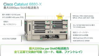 Cisco Public 22© 2013-2014 Cisco and/or its affiliates. All rights reserved.
最大220Gbps/Slotの転送能力
最大 80個の 1G/10G ports
または20個の 40G ports (予定)
固定スーパーバイザー
拡張版のDFC4-E搭載
X86 Dual Core CPU 2.0 GHz
4GB DDR3 ECC SRAM
16 x 10/100/1000/10G又は 最大
で4つの40G ports
MACsec, VSS, instant access,
MPLS, VPLS, LISP, SGT, 1588
低電力
低ノイズのファン
AC及びDC冗長電源
出展
 