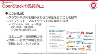 OpenStackの品質向上
OpenLab
–クラウド系技術を組み合わせた検証を行うことを目的
–ハイブリッド、マルチクラウド検証環境の提供
ベアメタル、VM、arm環境、
GPU環境、K8S環境、
非OpenStack環境など
–コミュニティ横断連携の場
–サポート企業が環境を提供
–実際に試すことができる
https://docs.google.com/presentation/d/12y6iTTvff4fzHiN31KApoO8JayZOsJySZugtLBc6XnE/edit#slide=id.g38df4e06e9_0_45
 