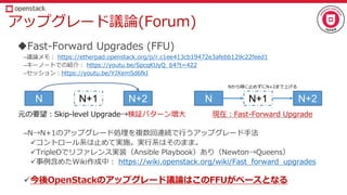 アップグレード議論(Forum)
Fast-Forward Upgrades (FFU)
–議論メモ： https://etherpad.openstack.org/p/r.c1ee413cb19472e3afebb129c22feed1
–キーノートでの紹介： https://youtu.be/SpcqKUyQ_64?t=422
–セッション：https://youtu.be/YJXem5d6fkI
–N→N+1のアップグレード処理を複数回連続で行うアップグレード手法
コントロール系は止めて実施。実行系はそのまま。
TripleOでリファレンス実装（Ansible Playbook）あり（Newton→Queens）
事例含めたWiki作成中： https://wiki.openstack.org/wiki/Fast_forward_upgrades
今後OpenStackのアップグレード議論はこのFFUがベースとなる
N N+1 N+2 N N+1 N+2
元の要望：Skip-level Upgrade→検証パターン増大 現在：Fast-Forward Upgrade
Nから順に止めずにN+2まで上げる
 