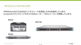 © 2019 Juniper Networks
Juniper Public
MX Series on ShowNet 2019
今年のShowNetでは400Gインタフェースを搭載したMXを提供しています。
Juniperのフラッグシップモデ...