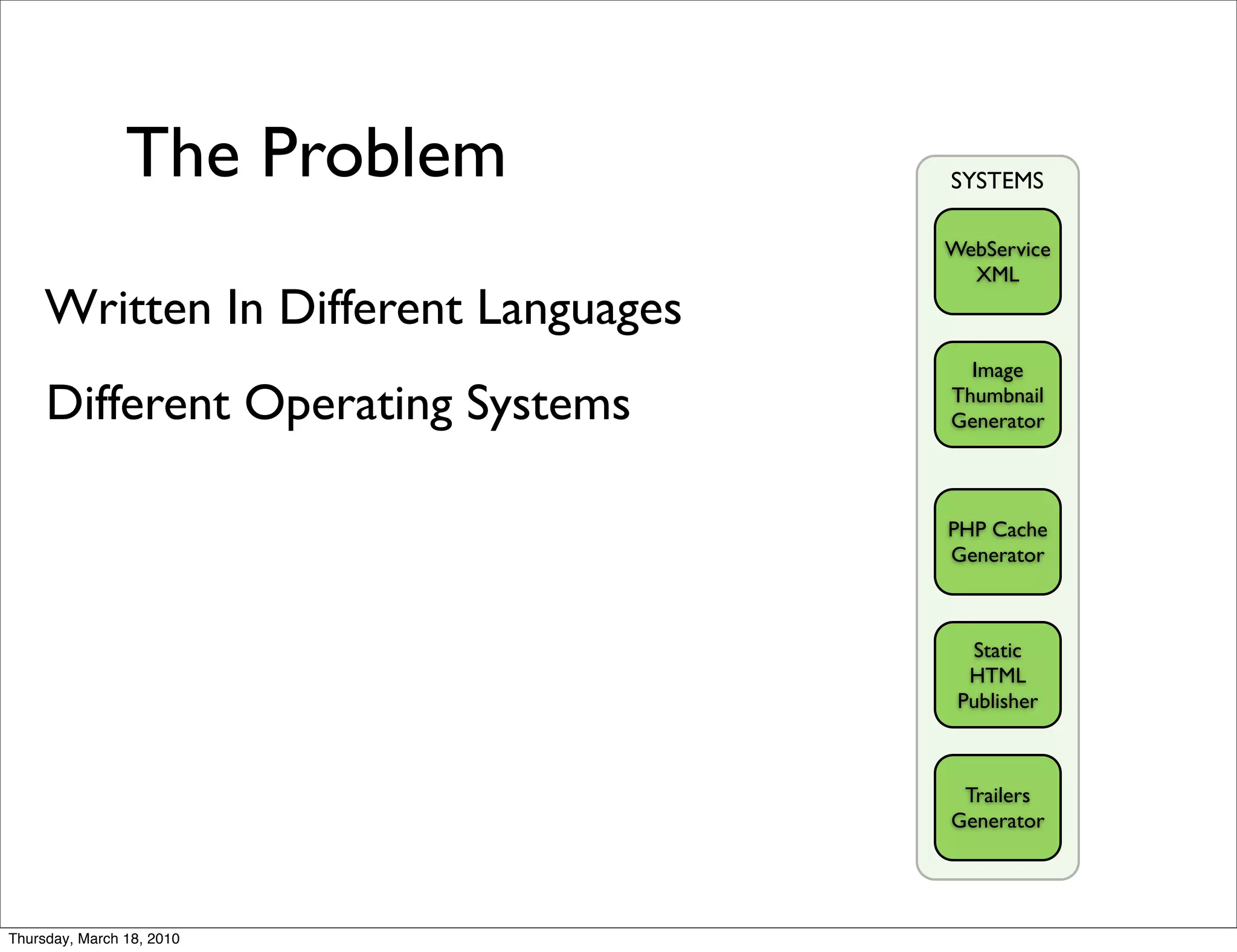 The Problem           SYSTEMS

                                      WebService
                                        XML
     Written In Different Languages
                                        Image
     Different Operating Systems      Thumbnail
                                      Generator




                                      PHP Cache
                                      Generator



                                        Static
                                        HTML
                                       Publisher



                                       Trailers
                                      Generator




Thursday, March 18, 2010
 