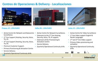 Prague, CZ – (24x7x365)
• Active Centre for Network and Datacentre
Surveillance.
• 2nd line Support (Hosting, Security, Voice,
TX, IP)
• 3rd Line Support (Hosting, Security, Voice,
TX, IP)
• Premium Customer Support.
• Primary Provisioning & Activation Centre
• Service Delivery
• Quarterly Operational Continuity drills
Lulea, SE – (24x7x365)
• Active Centre for Video Surveillance
• 1st line Video support English &
Nordic Languages
• 2nd and 3rd line Video support
• Primary Video provisioning and
activation
• Quarterly Operational Continuity
drills
Sofia, BG – (24x7x365)
• Active Centre for Network Surveillance.
• Extension to the 2nd line Hosting,
Security, Voice, TX, IP support.
• Extension of the Provisioning &
Activation Centre
• Service Delivery
• Quarterly Operational Continuity drills
Centros de Operaciones & Delivery - Localizaciones
10
 