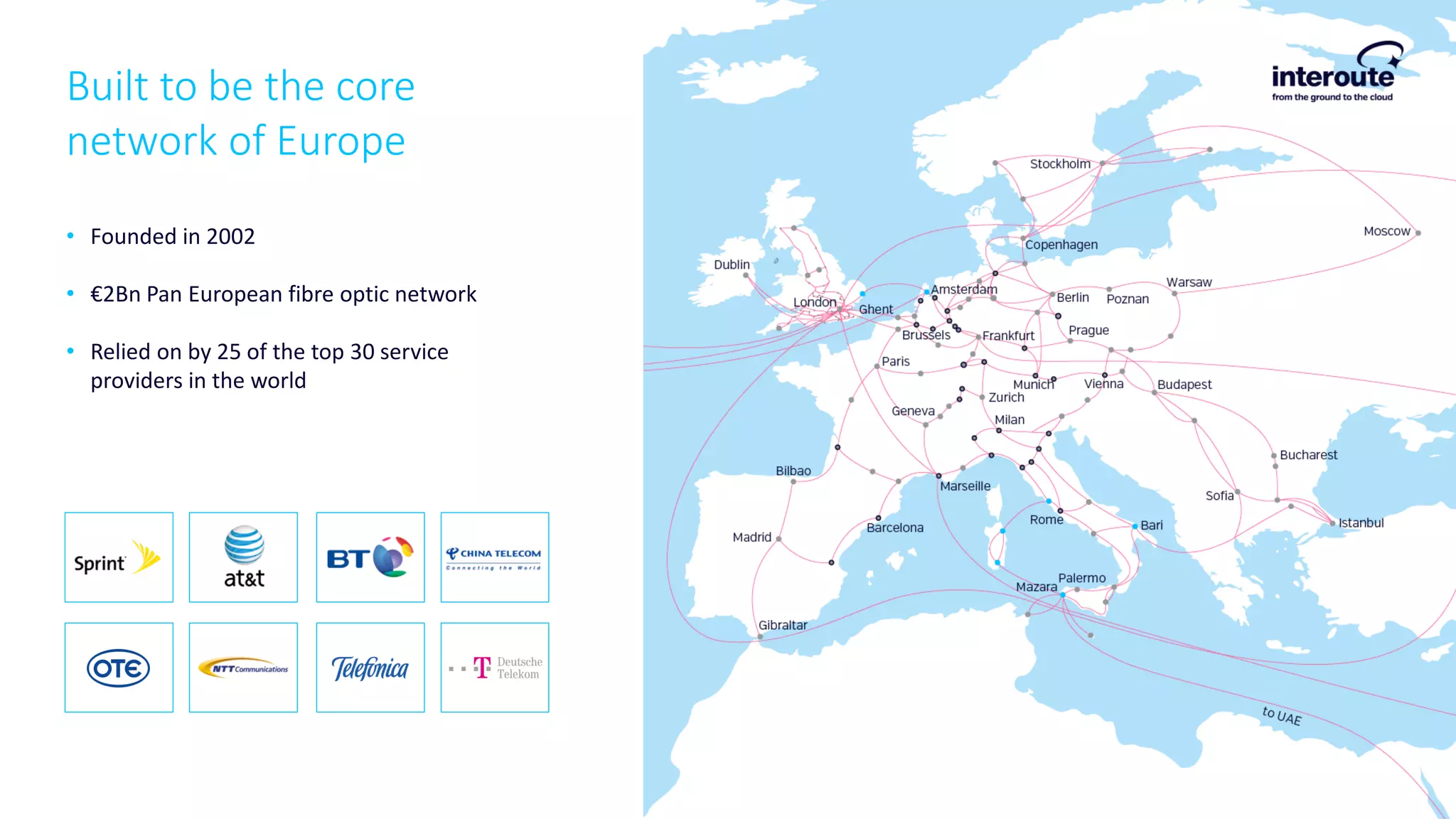 Built to be the core
network of Europe
• Founded in 2002
• €2Bn Pan European fibre optic network
• Relied on by 25 of the top 30 service
providers in the world
 