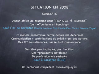 SITUATION EN 2008 CONSTATS Aucun office de tourisme dans “Plan Qualité Tourisme” Idem «Tourisme et handicap» Sauf l’OT de Carantec  (Qualité tourisme, T+H, Famille Plus, Station Nouvelle Vague) Un modèle économique fermé depuis des décennies Communication = contributions du privé = gel des actions Des OT sous-financés, qui se font concurrence Des élus peu impliqués, par tradition Des «présidents-notables» Ds professionnels résignés Sauf à Carantec (ÉPIC) Un personnel compétent «sous-employé» 