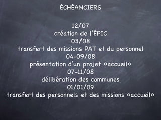 ÉCHÉANCIERS 12/07 création de l’ÉPIC 03/08 transfert des missions PAT et du personnel 04-09/08 présentation d’un projet «accueil» 07-11/08 délibération des communes 01/01/09 transfert des personnels et des missions «accueil» 