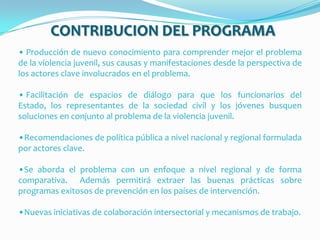 CONTRIBUCION DEL PROGRAMAProducción de nuevo conocimiento para comprender mejor el problema de la violencia juvenil, sus causas y manifestaciones desde la perspectiva de los actores clave involucrados en el problema.