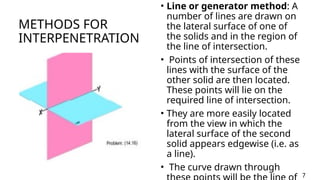 METHODS FOR
INTERPENETRATION
• Line or generator method: A
number of lines are drawn on
the lateral surface of one of
the solids and in the region of
the line of intersection.
• Points of intersection of these
lines with the surface of the
other solid are then located.
These points will lie on the
required line of intersection.
• They are more easily located
from the view in which the
lateral surface of the second
solid appears edgewise (i.e. as
a line).
• The curve drawn through
7
 