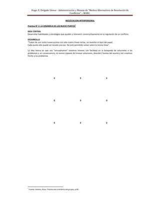 Hugo. E. Delgado Súmar ‐ Administración y Manejo de “Medios Alternativos de Resolución de 
Conflictos” – MARC. 
 
NEGOCIACION INTERPERSONAL 
 
Práctica N° 2: LA DINAMICA DE LOS NUEVE PUNTOS1
 
 
IDEA CENTRAL  
Desarrollar habilidades y estrategias que ayuden a intervenir constructivamente en la regulación de un conflicto. 
 
DESARROLLO 
"Traten de unir estos nueve puntos con sólo cuatro líneas rectas, sin levantar el lápiz del papel. 
Cada punto sólo puede ser tocado una vez. No está permitido volver sobre la misma línea". 
 
La  idea  básica  es  que  nos  "encuadramos"  nosotros  mismos  con  facilidad  en  la  búsqueda  de  soluciones  a  los 
problemas y, en consecuencia, no somos capaces de innovar soluciones, descubrir facetas del asunto y ser creativos 
frente a los problemas.  
 
 
 
 
0      0      0 
 
 
 
0      0      0 
 
 
 
0      0      0 
                                                            
1
 Fuente: Antons, Klaus. Práctica de la dinámica de grupos, p.66. 
 