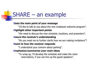 SHARE – an example S tate the main point of your message “ I’d like to talk to you about the new employee welcome program”.  H ighlight other important points “ We need to discuss the new schedule, locations, and presenters”. A ssure the receiver’s understanding “ Do you need me to further clarify how we are making invitations”?  R eact to how the receiver responds “ I understand your concern about parking”.  E mphasize/summarize your main ideas “ To wrap-up, I’ll develop the schedule and make the room reservations, if you can line up the guest speakers”. 