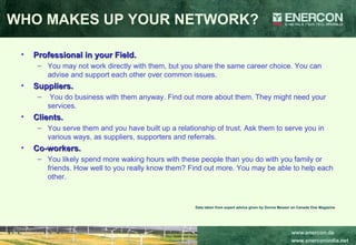 Professional in your Field.   You may not work directly with them, but you share the same career choice. You can advise and support each other over common issues.  Suppliers. You do business with them anyway. Find out more about them. They might need your services.  Clients.   You serve them and you have built up a relationship of trust. Ask them to serve you in various ways, as suppliers, supporters and referrals.  Co-workers.  You likely spend more waking hours with these people than you do with you family or friends. How well to you really know them? Find out more. You may be able to help each other.   Data taken from expert advice given by Donna Messer on Canada One Magazine WHO MAKES UP YOUR NETWORK? 