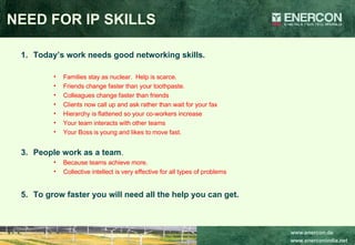 NEED FOR IP SKILLS Today’s work needs good networking skills. Families stay as nuclear.  Help is scarce. Friends change faster than your toothpaste. Colleagues change faster than friends Clients now call up and ask rather than wait for your fax Hierarchy is flattened so your co-workers increase Your team interacts with other teams Your Boss is young and likes to move fast. People work as a team . Because teams achieve more. Collective intellect is very effective for all types of problems To grow faster you will need all the help you can get. 